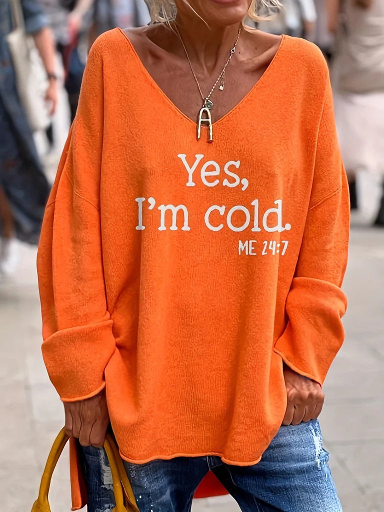 Women's Sweater – Oversized Fit – Soft Knit – V-neck – Text Print – Long Sleeves