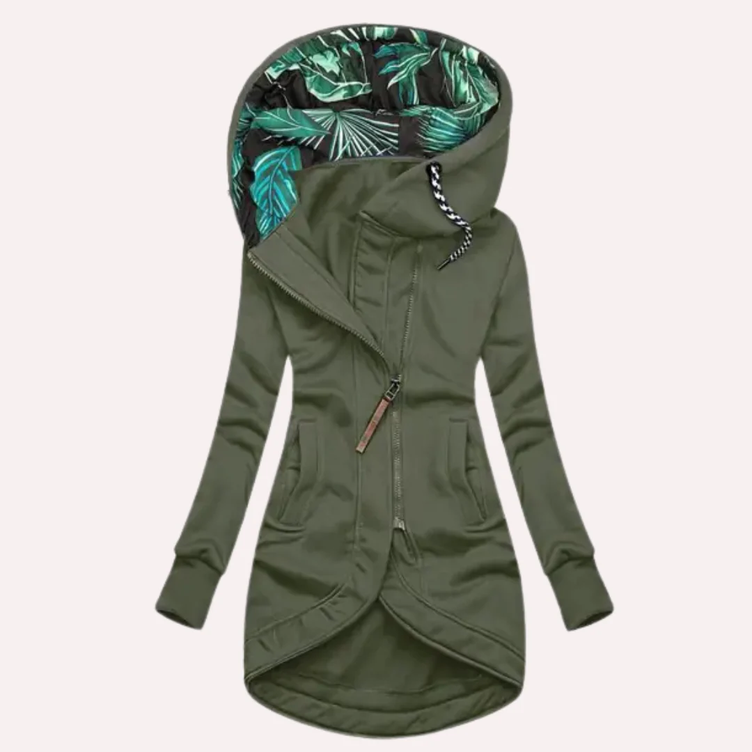 Women's Fleece Jacket – Slim Fit – Hood with Patterned Lining – Asymmetric Zipper