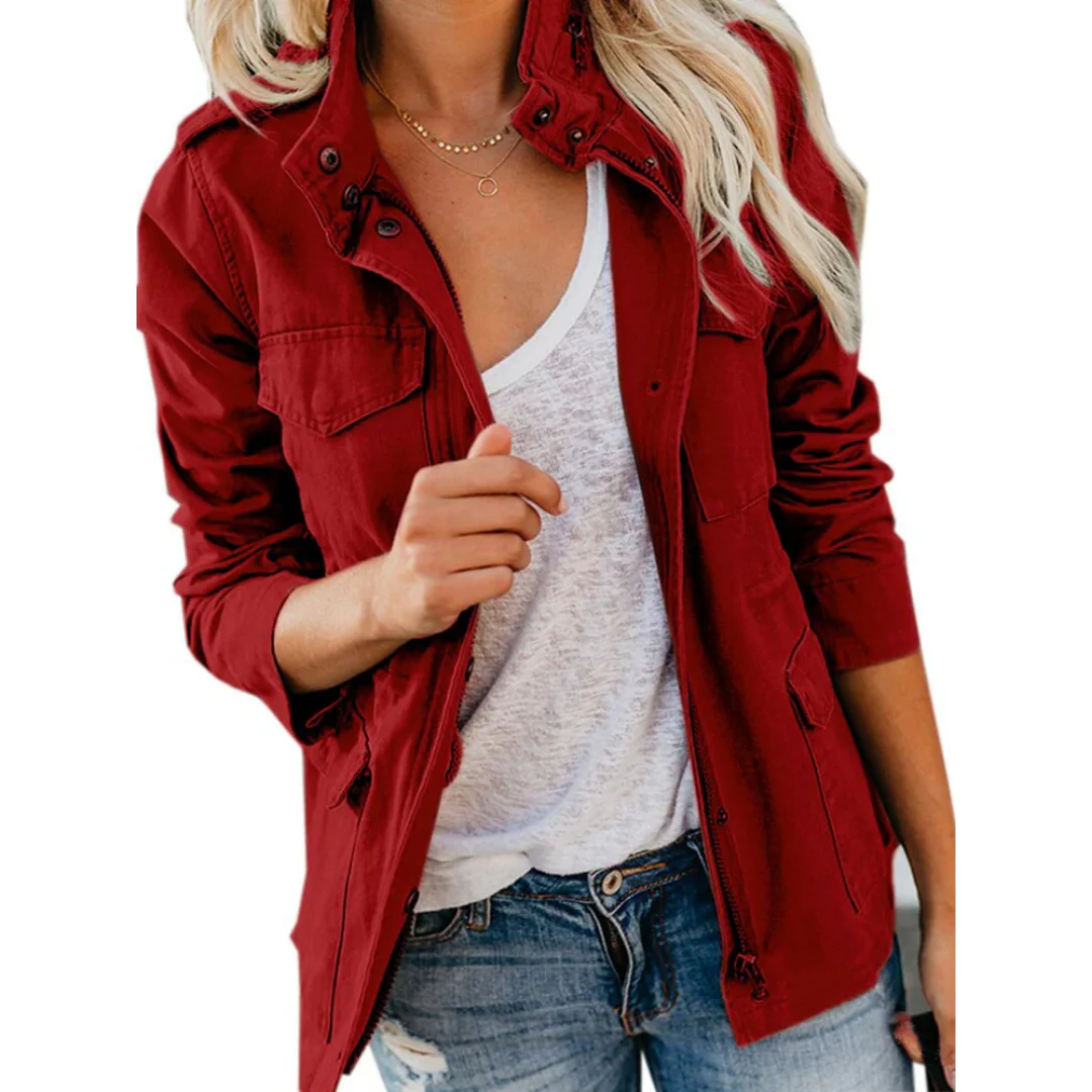 Women's Jacket – Structured Fit – Zipper and Snap Buttons – Cotton – Hip Length
