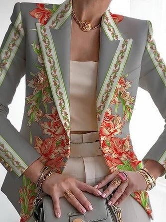 Women's Blazer – Regular Fit – Floral Pattern – Shawl Collar – Buckle Closure