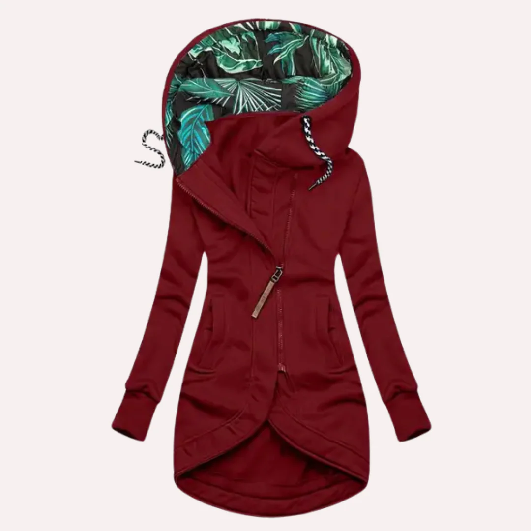 Women's Fleece Jacket – Slim Fit – Hood with Patterned Lining – Asymmetric Zipper