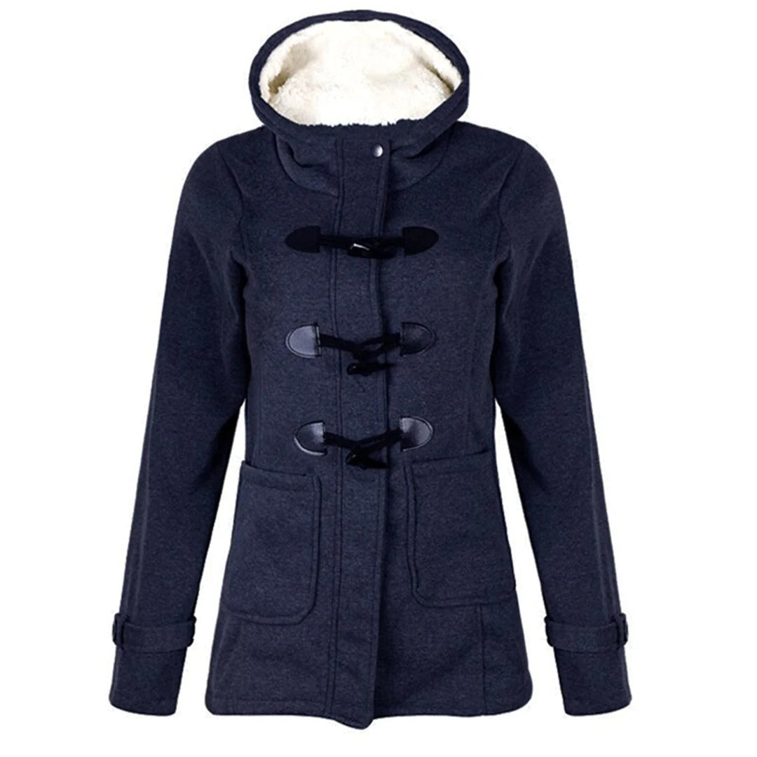 Women's Long Coat – Wool Blend – Tailored Fit – Hood with Toggle Details