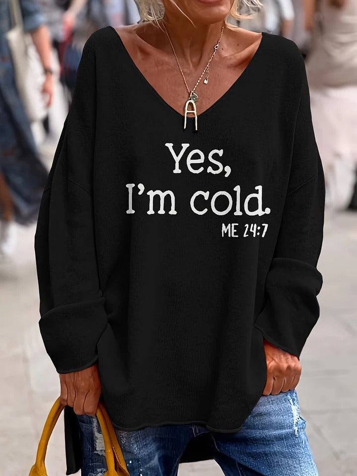 Women's Sweater – Oversized Fit – Soft Knit – V-neck – Text Print – Long Sleeves