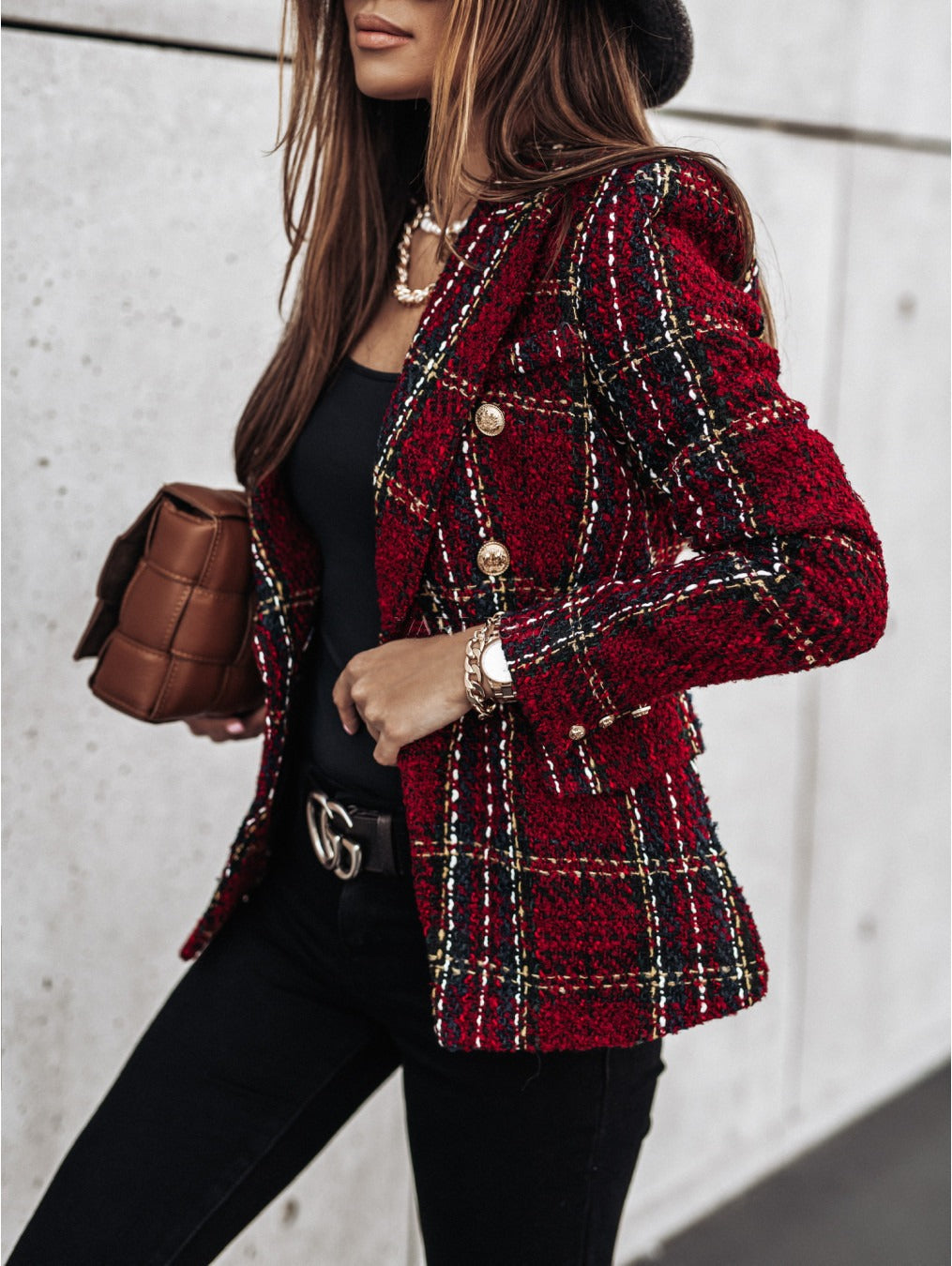 Women's Blazer – Tailored Fit – Double-Breasted – Woven Pattern – Puff Shoulders