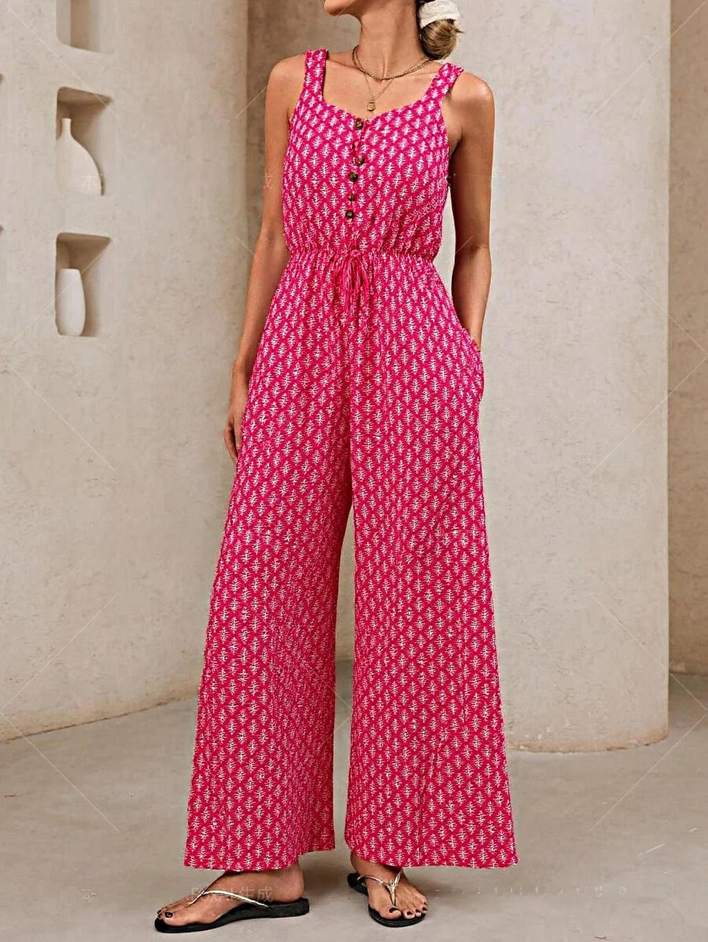 Women's jumpsuit – relaxed fit – wide legs – breathable fabric – drawstring waist