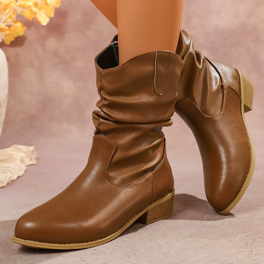 Women's Ankle Boots – Slouch Design – Round Toe – Stacked Heel Construction