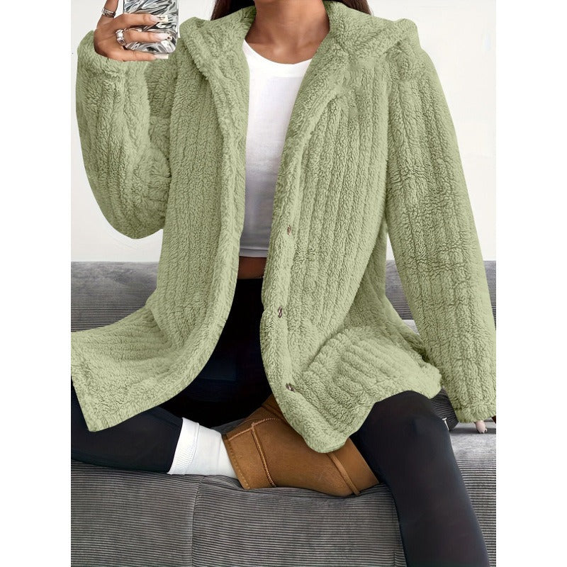 Women's Coat – Oversized Fit – Hood – Ribbed Texture – Soft Teddy Lining – Buttoning