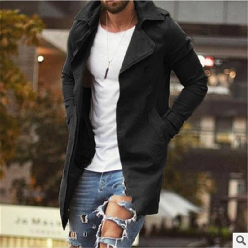 Men's Coat Mid-Length – Slim Fit – Cotton Blend – Double-Breasted with Lapels
