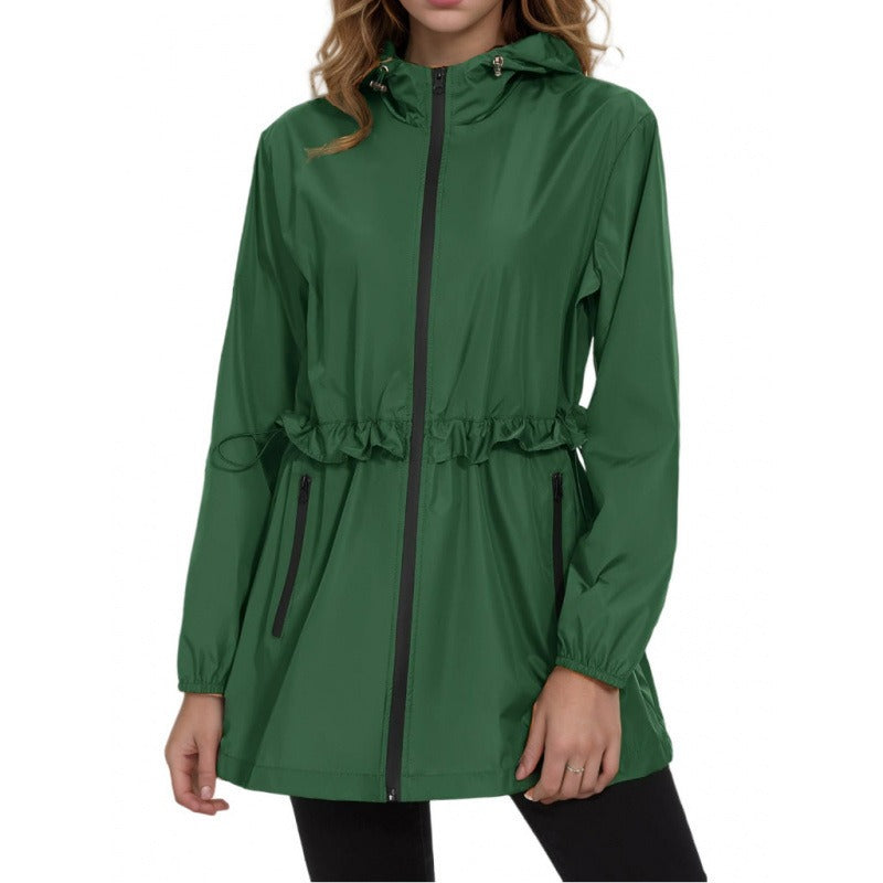 Women's Rain Jacket – Water-Repellent Lightweight Fabric – Adjustable Waist – Hood – Zipper