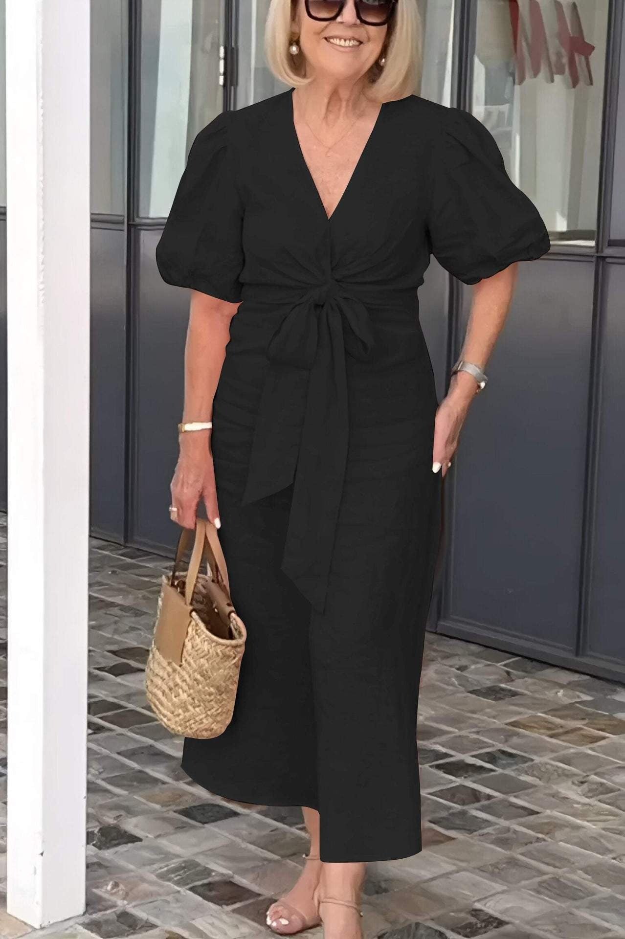 Dress for Women – Midi Length – V-Neck – Waist Tie – Puff Sleeves – Cotton