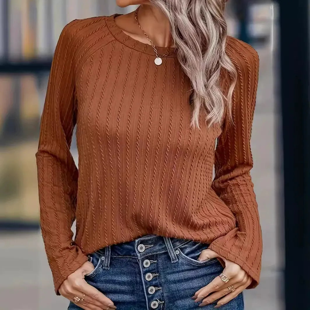Women's Long Sleeve T-Shirt – Ribbed Knit – Relaxed Fit – Round Neck