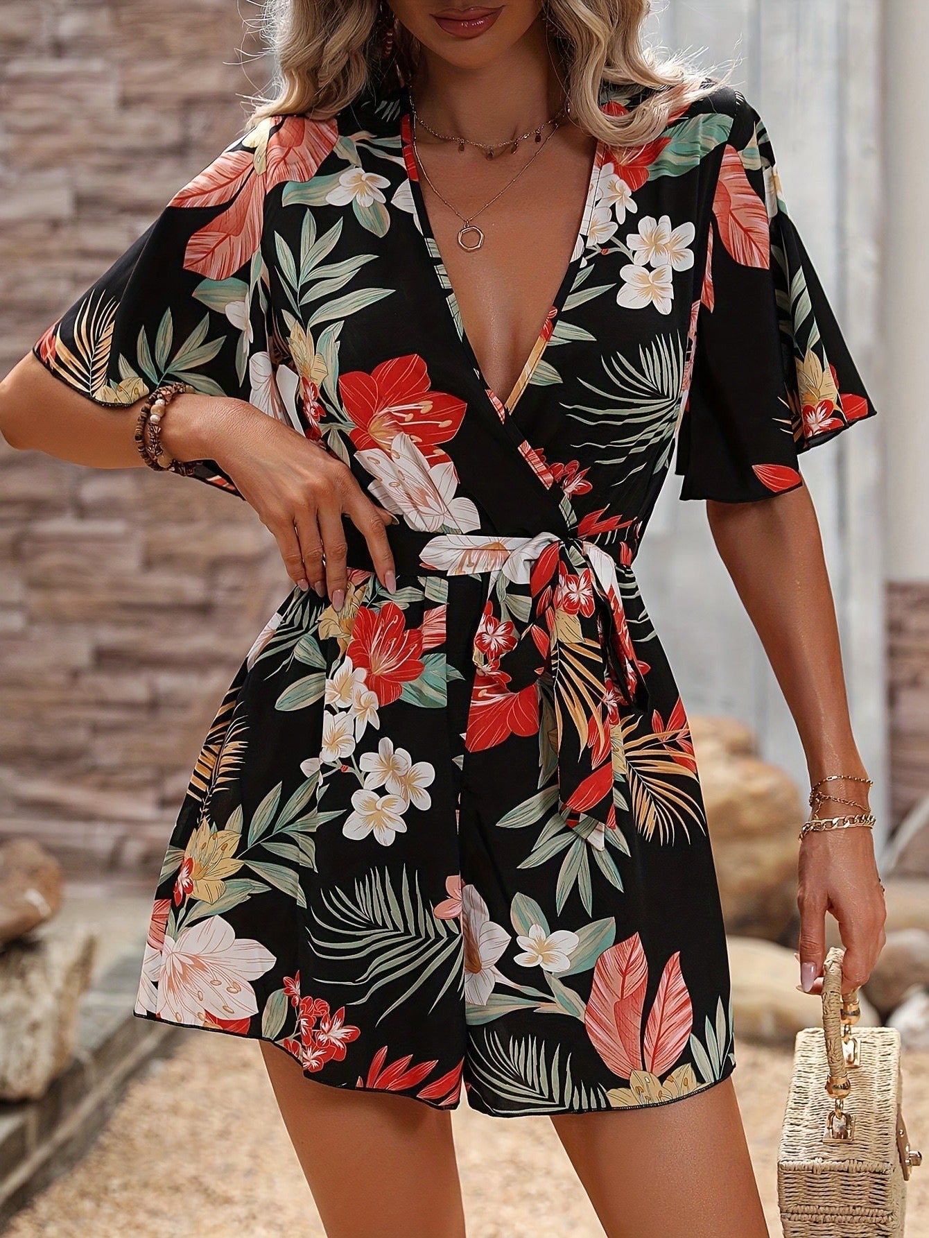 Women's Romper – Short Fit – Wrap Neckline – Ruffled Sleeves – Floral Print
