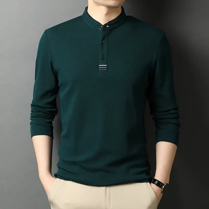 Men's Long-Sleeve T-Shirt – Cotton – Regular Fit – Stand Collar – Button Opening