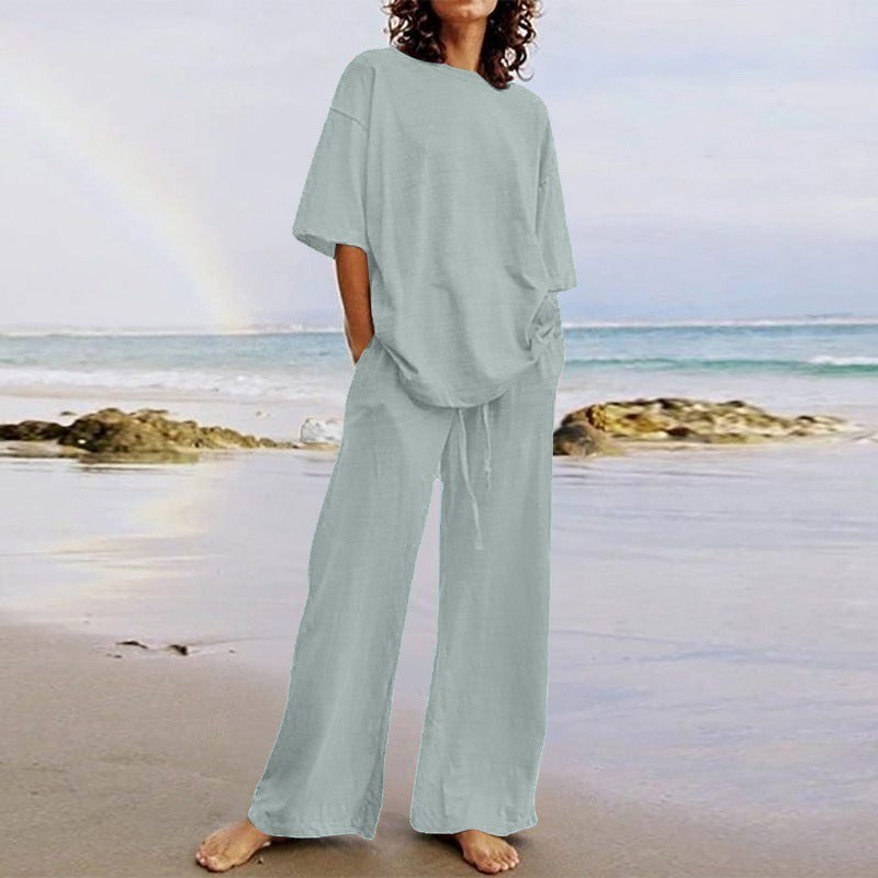 Women's Set – Relaxed Fit Top with O-Neck – Wide Pants with Elastic and Pockets