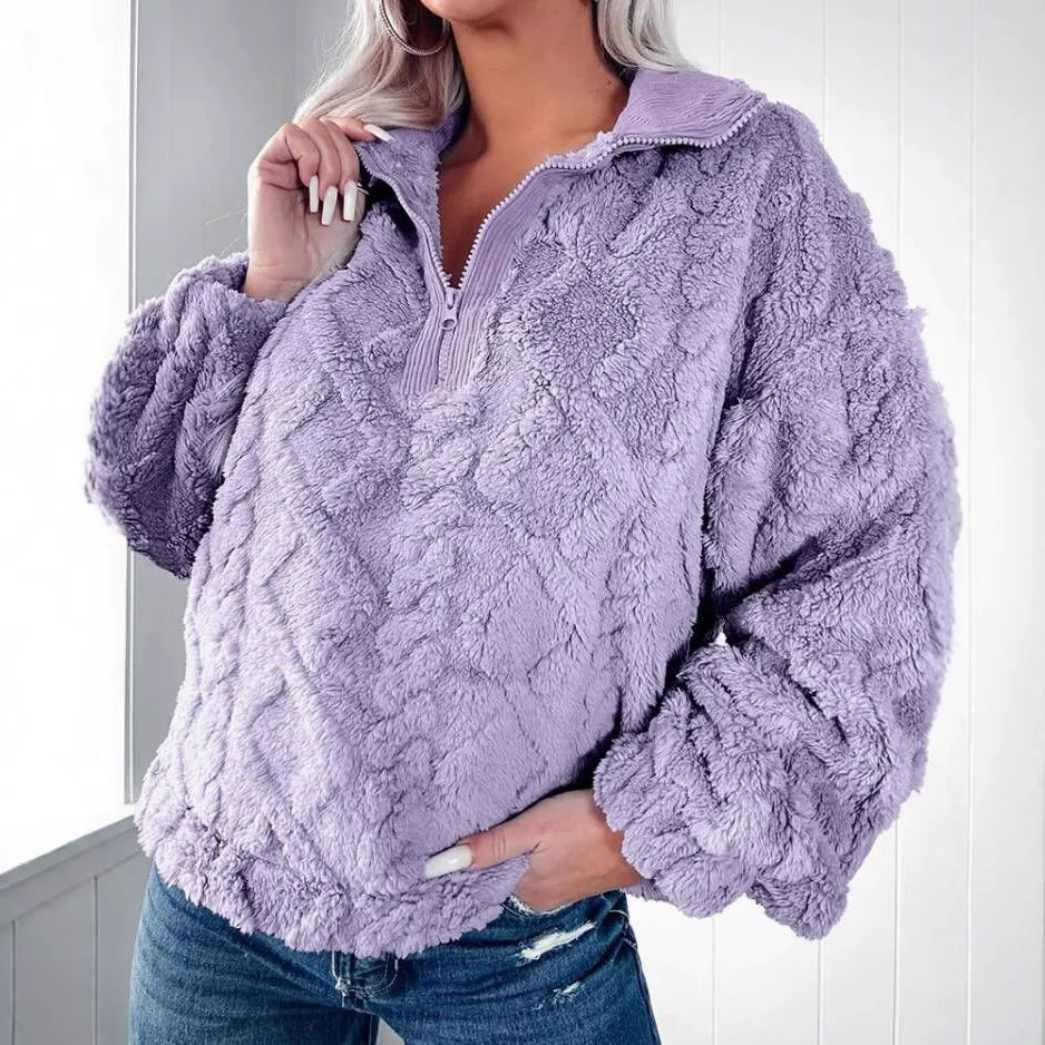 Women's Sweater – Faux Fur – Relaxed Fit – Quilted Texture – Half Zipper