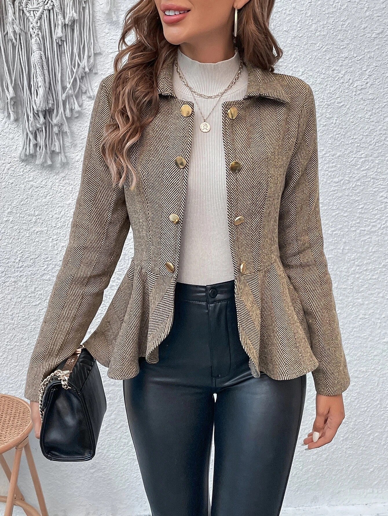 Women's Blazers – Slim Fit – Jacquard – Double-Breasted – Peplum – Office Use