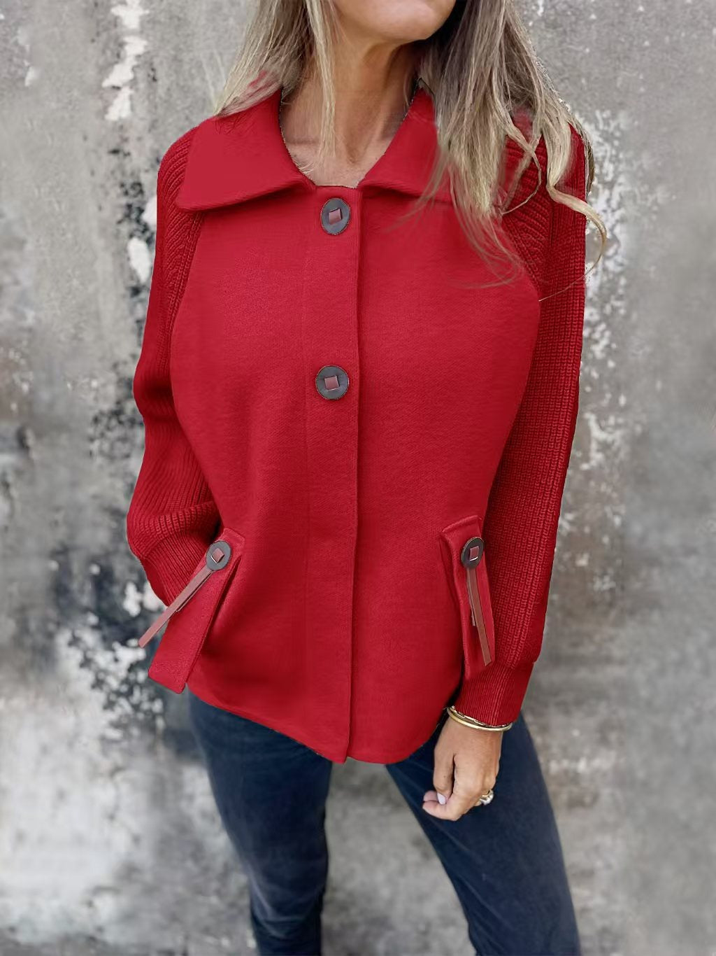 Women's Jacket – Relaxed Fit – Ribbed Sleeves – Wide Collar – Knee Closure