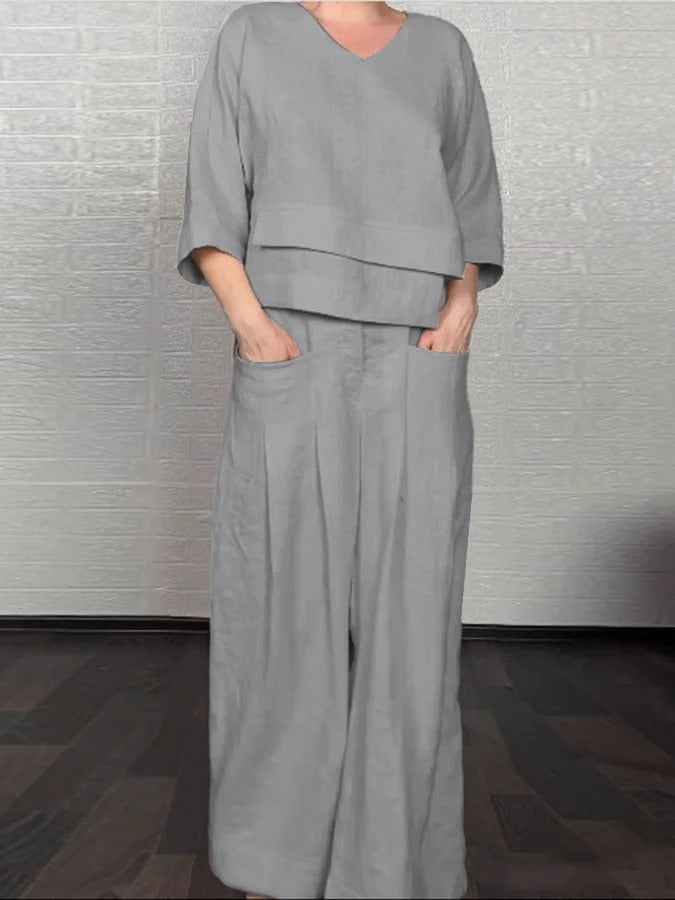 Women's Set – Oversized V-neck Top – Wide High-waisted Pants – Light Linen and Cotton