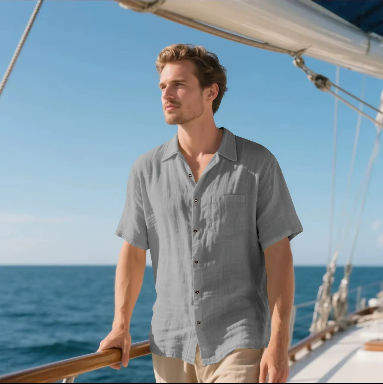 Men's Shirt with Buttons – Linen – Relaxed Fit – Short Sleeve – Breathable Casual