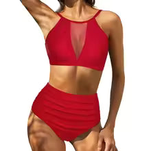 Women's Bikini Set – High Waist – Lace-Up Back – Halterneck with Cut-Out – Breathable Fabric