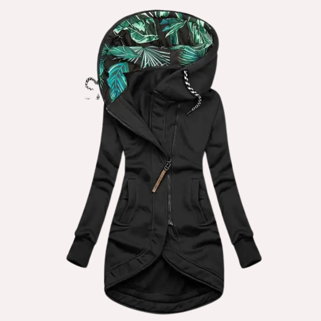 Women's Fleece Jacket – Slim Fit – Hood with Patterned Lining – Asymmetric Zipper