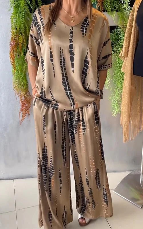Women's Jumpsuit – Satin – Relaxed Fit – Round Neck – Wide Legs – Abstract Pattern
