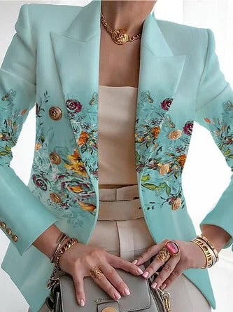 Women's Blazer – Regular Fit – Floral Pattern – Shawl Collar – Buckle Closure