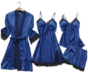 Women's Nightwear Set – Satin Finish – Lace Trim – Relaxed Fit – 4 Pieces