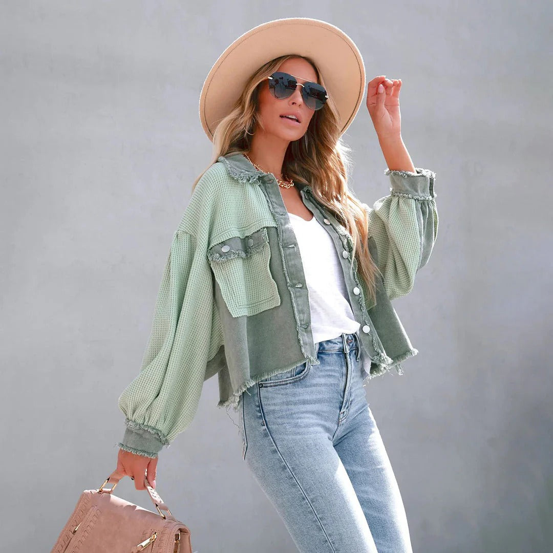 Women's Jacket – Waffle Knit – Relaxed Fit – Balloon Sleeves – Fringe Hem – Short Model
