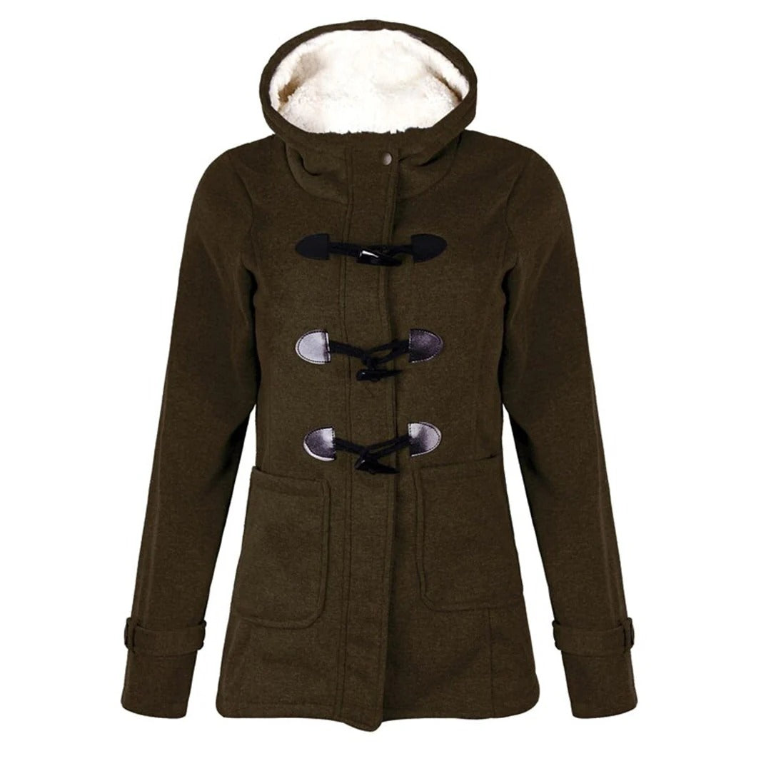 Women's Long Coat – Wool Blend – Tailored Fit – Hood with Toggle Details