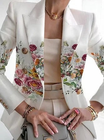 Women's Blazer – Regular Fit – Floral Pattern – Shawl Collar – Buckle Closure