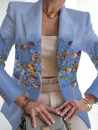 Women's Blazer – Regular Fit – Floral Pattern – Shawl Collar – Buckle Closure