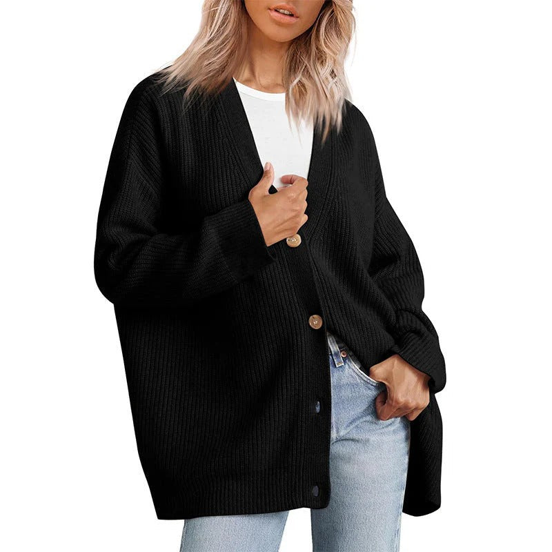 Women's Cardigan – Oversized Fit – Knitted Rib Structure – Button V-Neck
