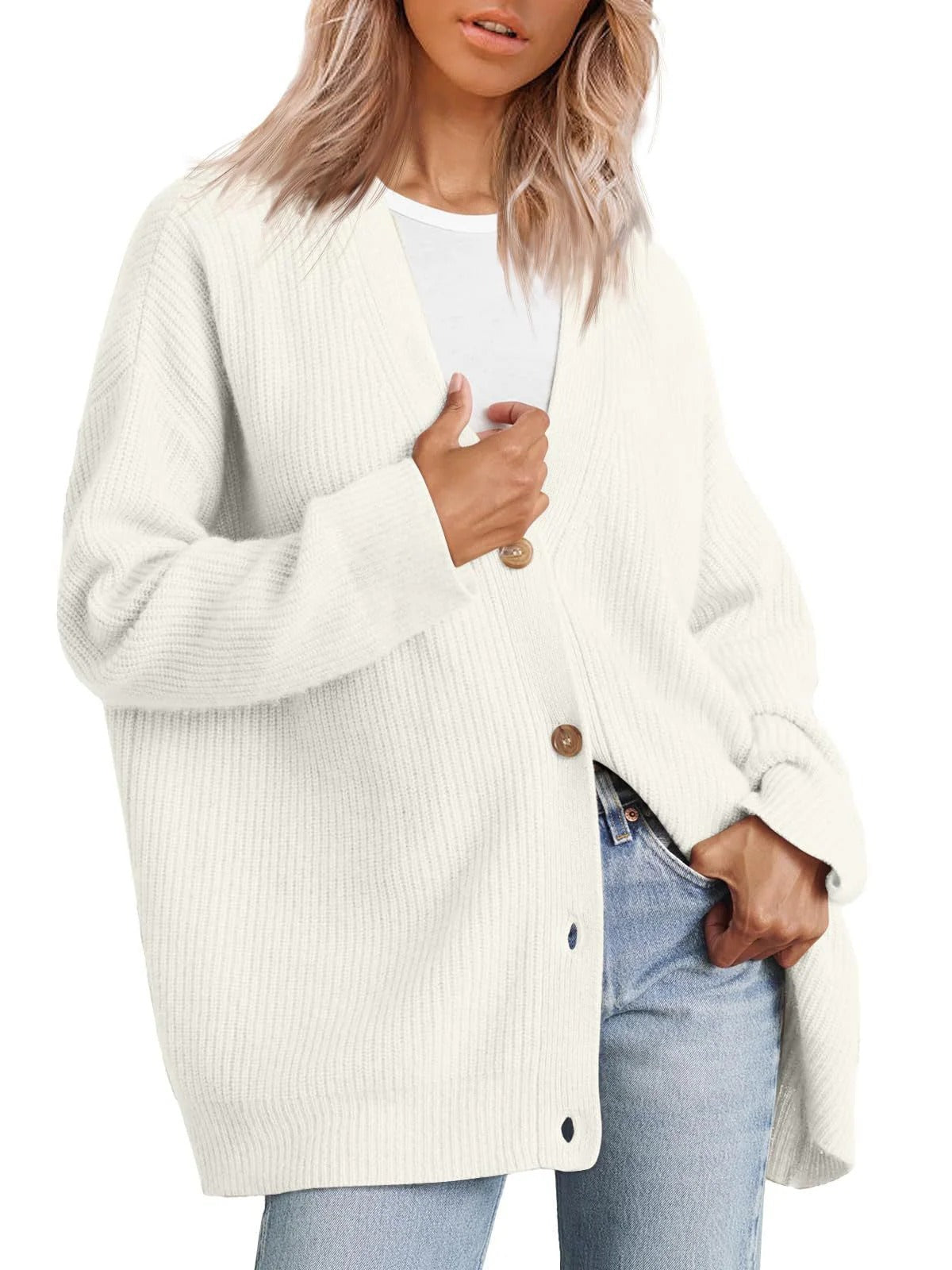 Women's Cardigan – Oversized Fit – Knitted Rib Structure – Button V-Neck