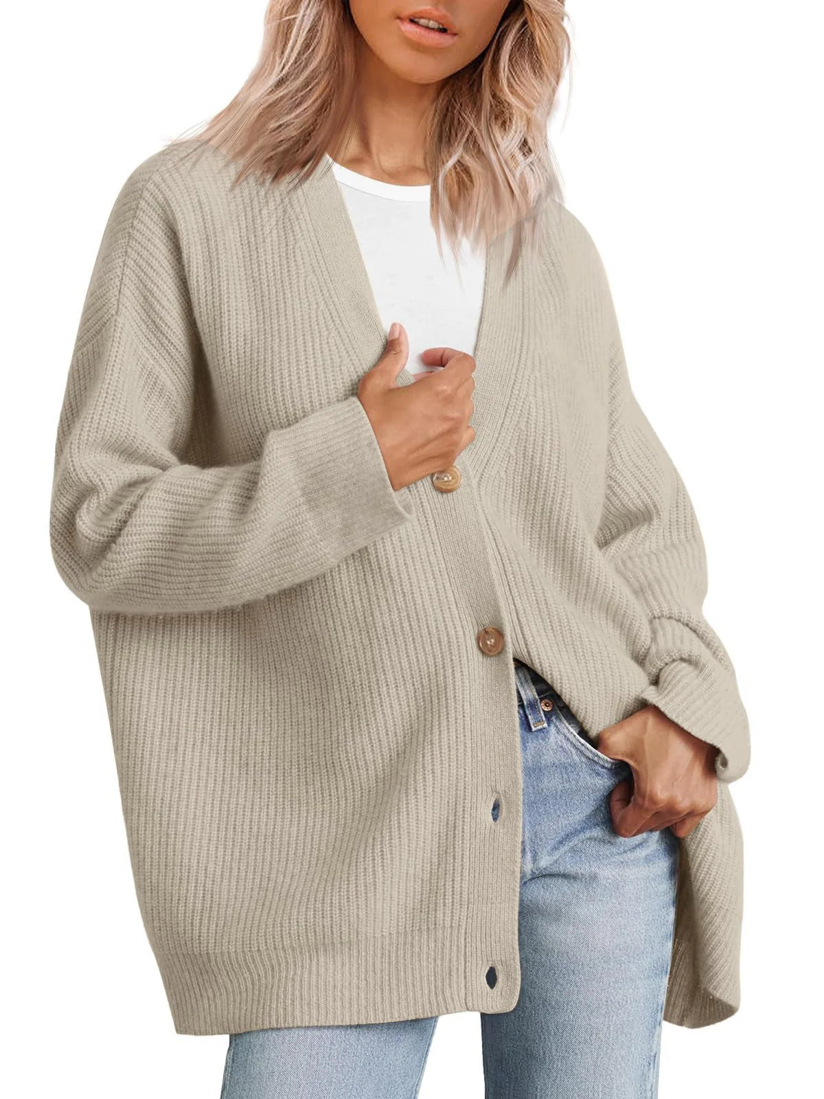 Women's Cardigan – Oversized Fit – Knitted Rib Structure – Button V-Neck