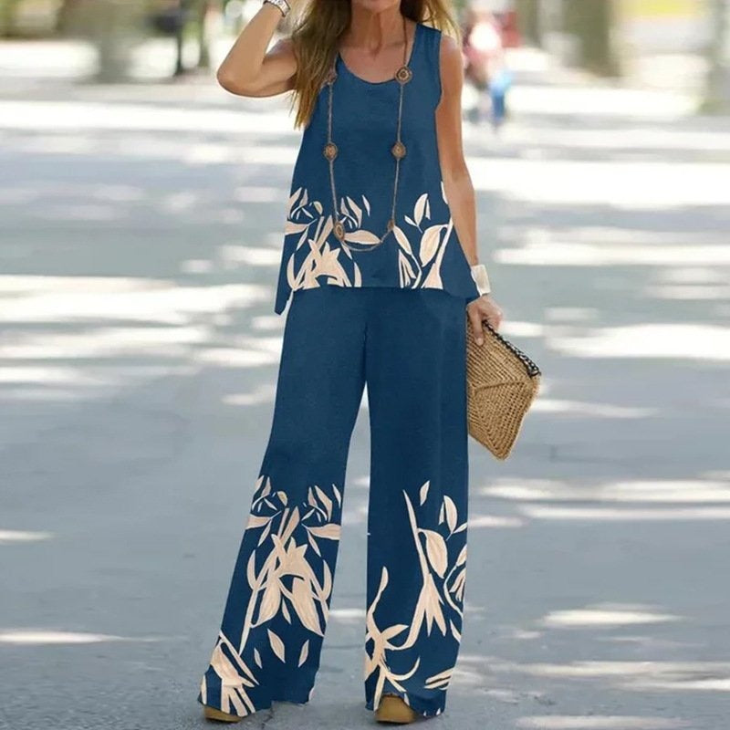 Women's Set with Sleeveless Top and Wide Pants – Relaxed Fit – Breathable Fabric