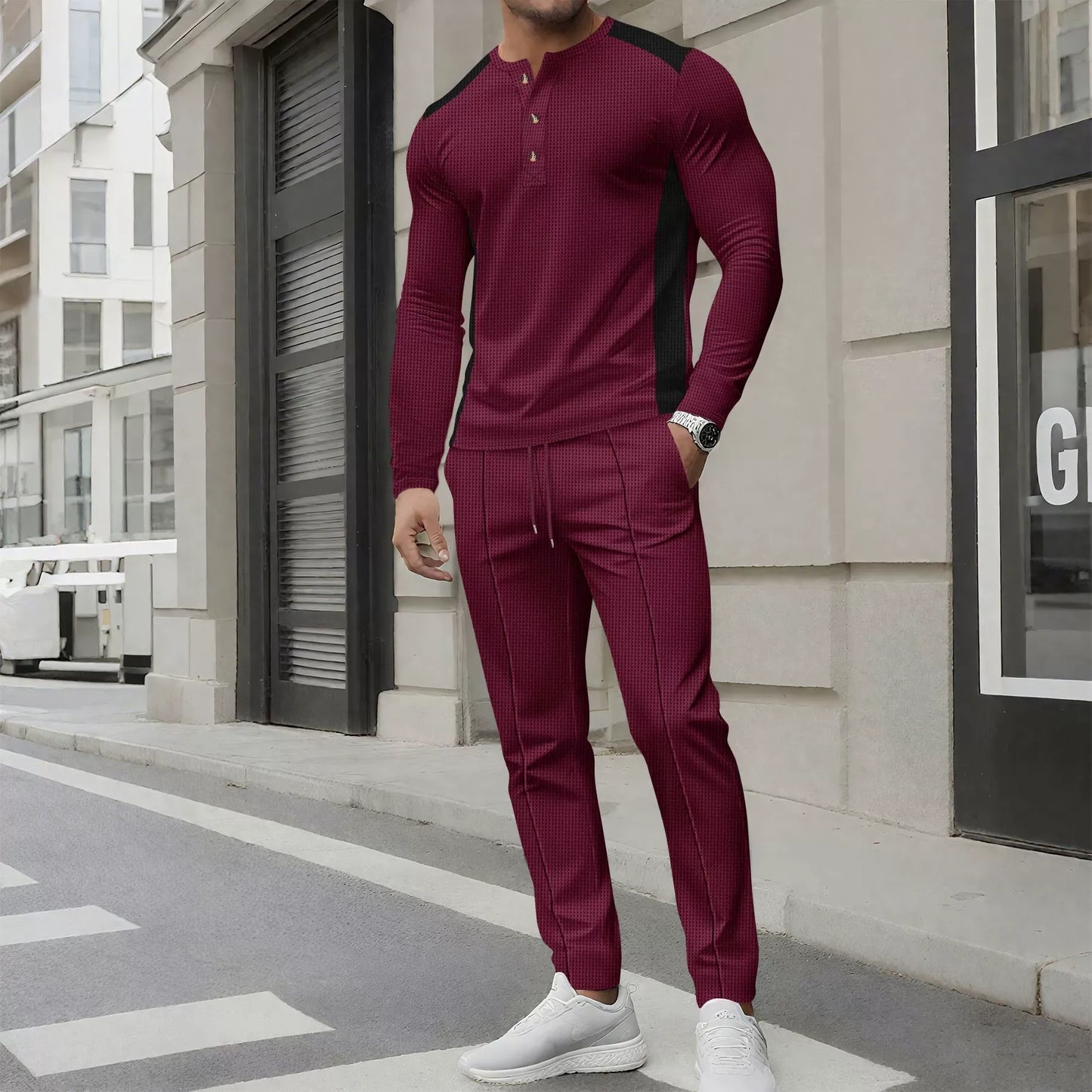Men's Set with Henley Sweater and Pants – Slim Fit – Waffle Texture – Button Neck