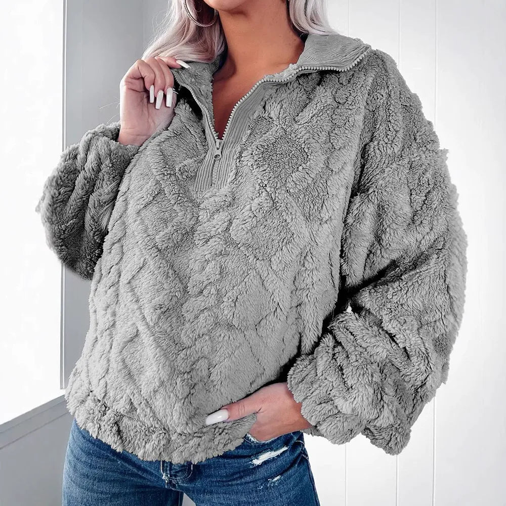 Women's Sweater – Faux Fur – Relaxed Fit – Quilted Texture – Half Zipper