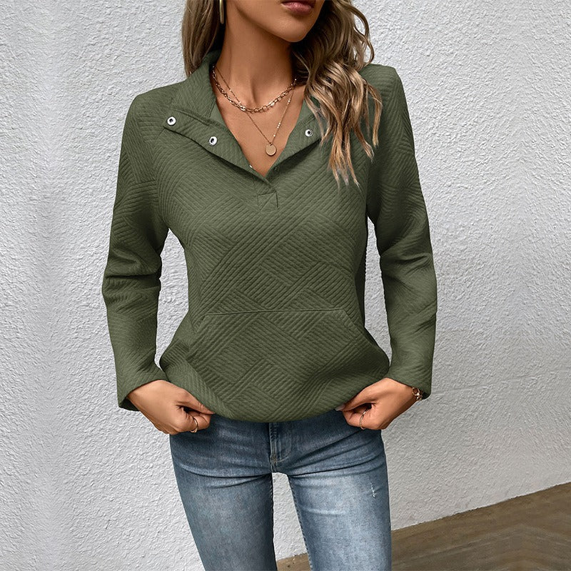 Women's Sweater – Quilted Fabric – Relaxed Fit – High Collar with Buttons