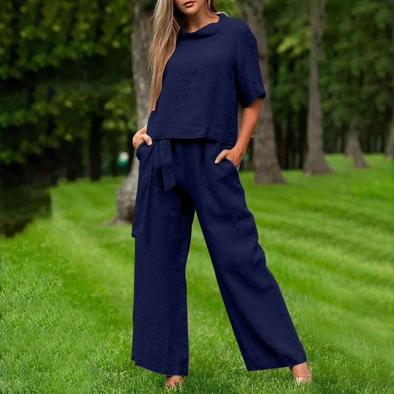Women's Set with Top and Pants – Relaxed Fit – Wide Pants – Breathable Cotton Feel