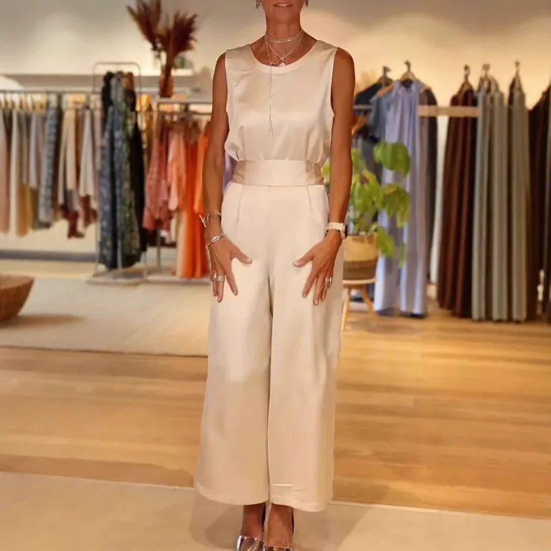 Women's jumpsuit – satin finish – relaxed fit – sleeveless – draped neckline – full length