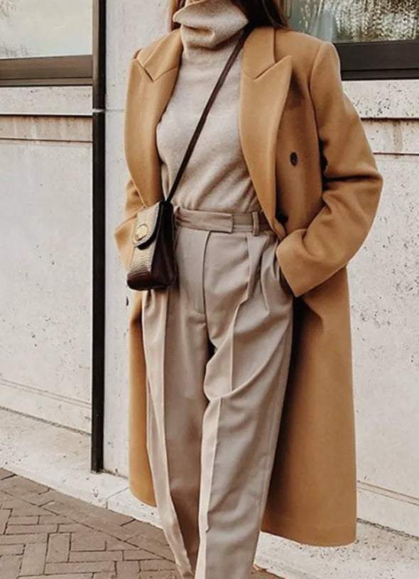 Women's Long Coat – Slim Fit – Wool Feel – Double-Breasted – Classic Lapel