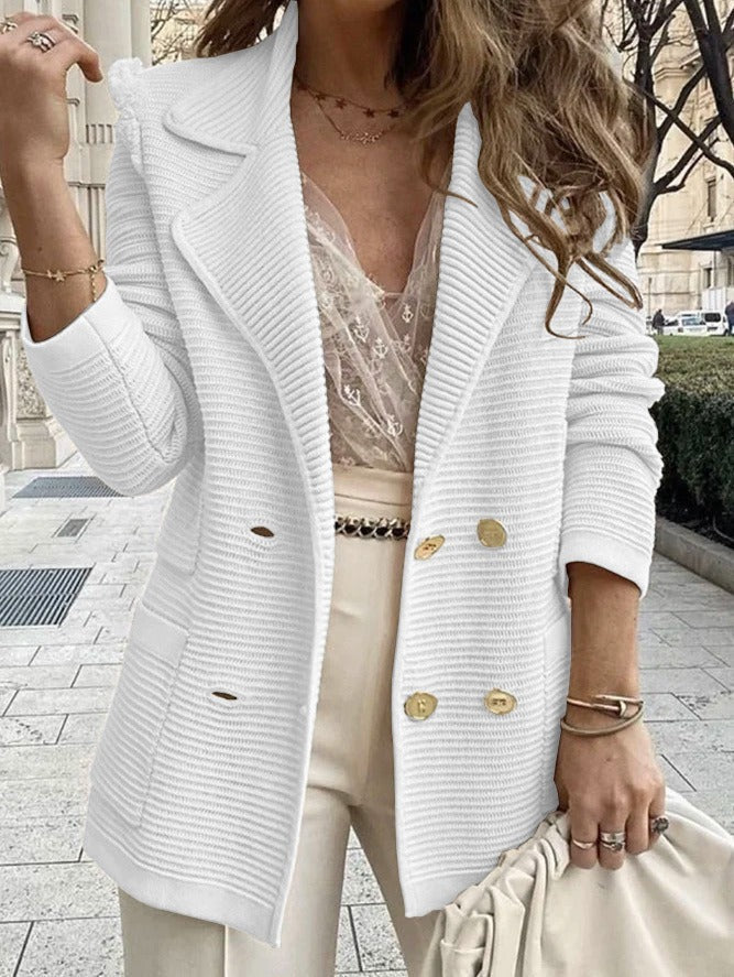Women's Jacket Coat – Tailored Fit – Ribbed Texture – Double-Breasted – Collar