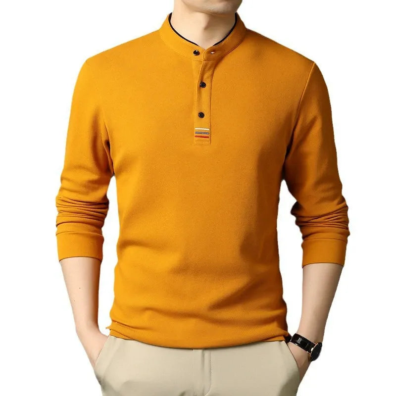 Men's Long-Sleeve T-Shirt – Cotton – Regular Fit – Stand Collar – Button Opening