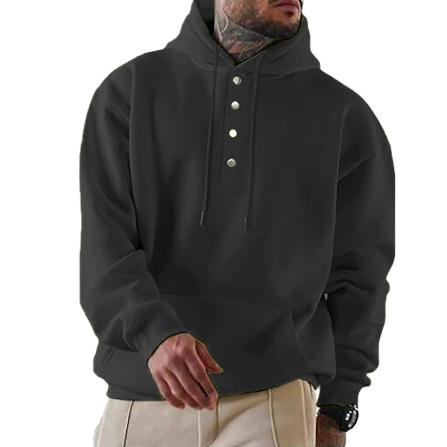 Men's Hoodie – Loose Fit – Fleece – Button Opening – Everyday Use