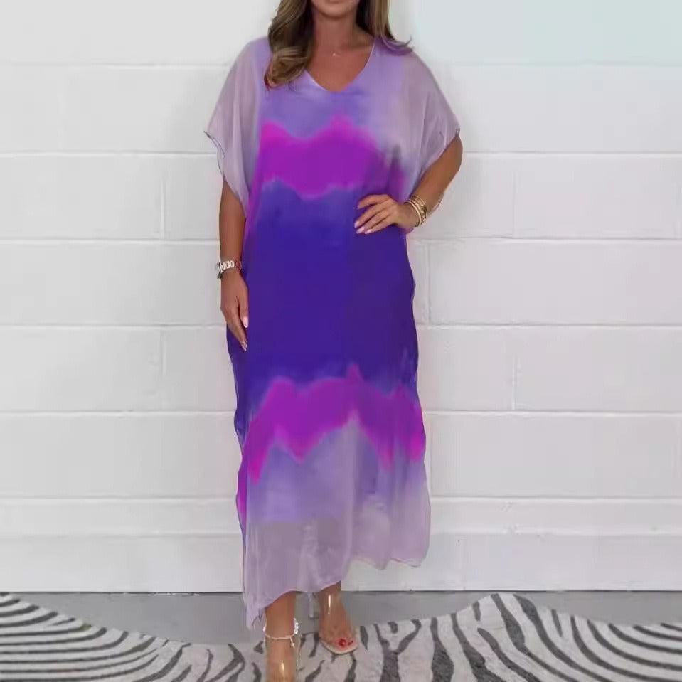Women's Maxi Dress – Chiffon – V-neck – Ombre Design – Short Sleeve – Loose Fit