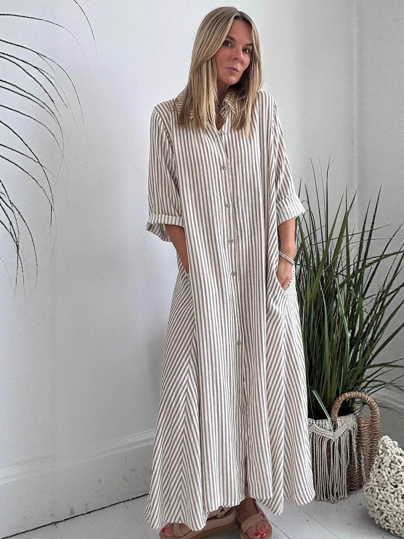 Women's Maxi Dress – Striped – Loose Fit – Button Closure – 3/4 Sleeves – Cotton Blend