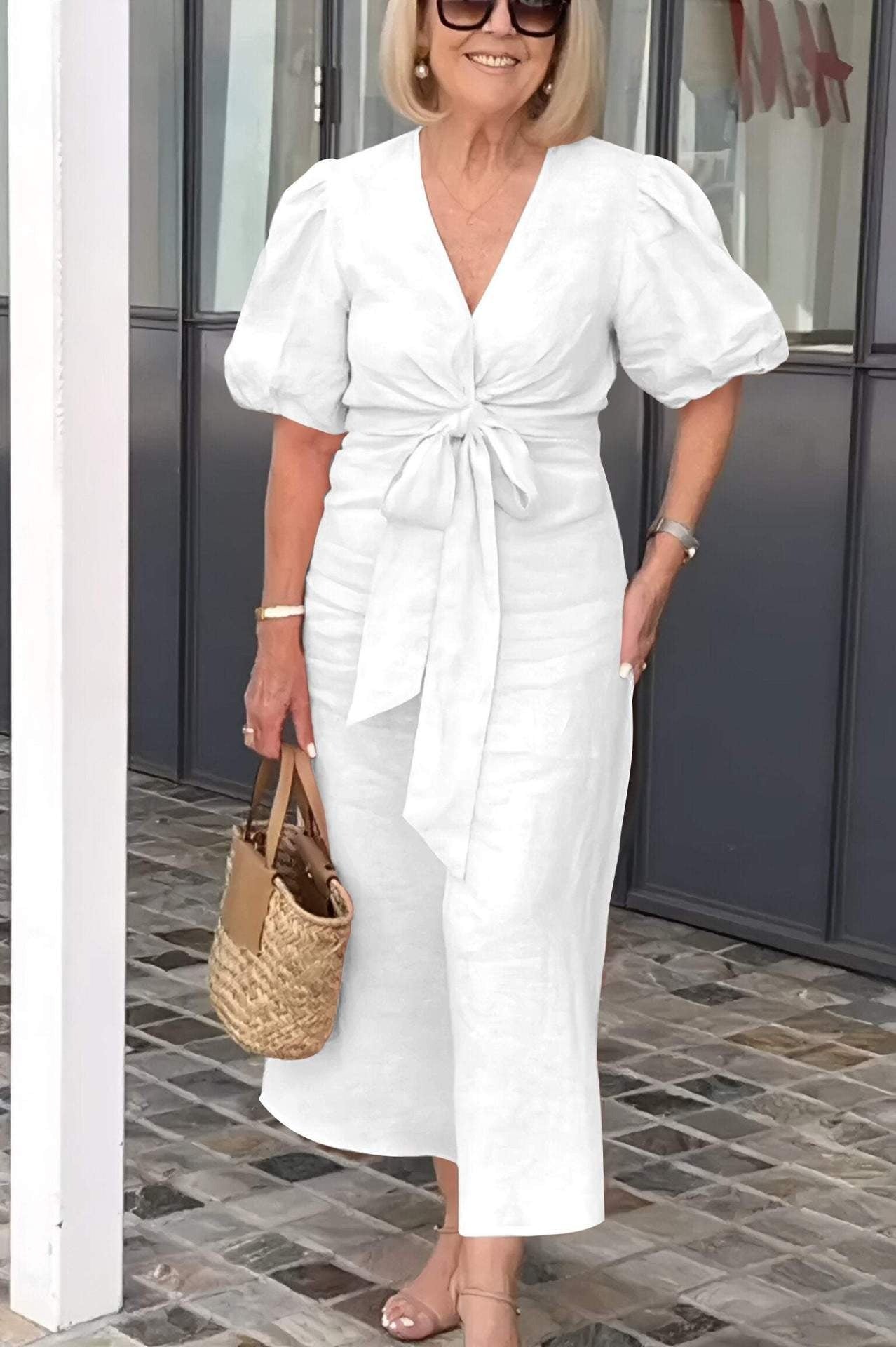 Dress for Women – Midi Length – V-Neck – Waist Tie – Puff Sleeves – Cotton