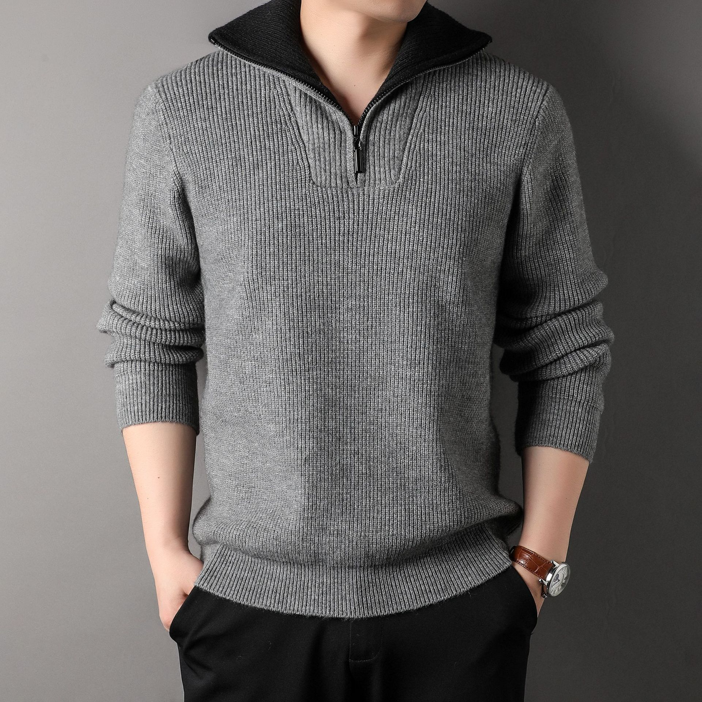 Men's Sweater – Relaxed Fit – Ribbed Knit Wool – High Neck with Zipper