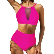 Women's Bikini Set – High Waist – Lace-Up Back – Halterneck with Cut-Out – Breathable Fabric